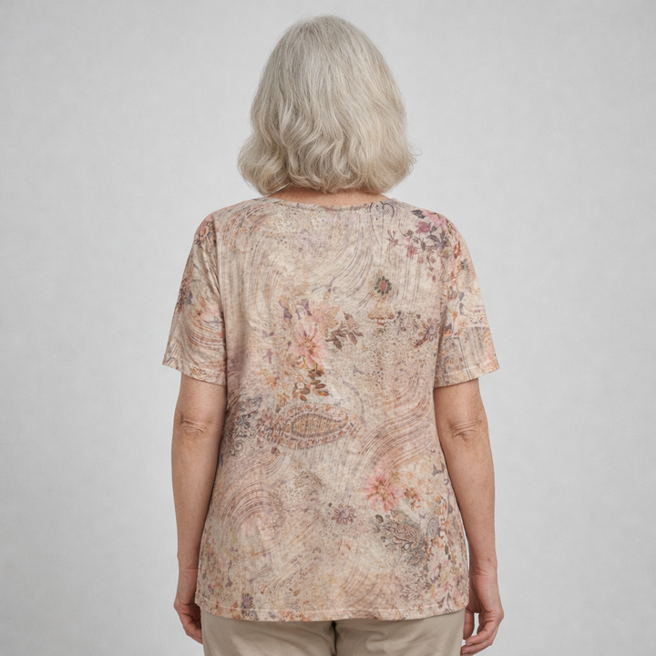Blouse fluide imprimé floral et paisley – Tons doux beige et rosé – Beta's Choice