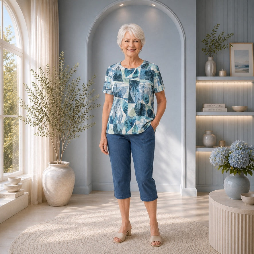 Haut imprimé feuillage bleu – Beta’s Choice