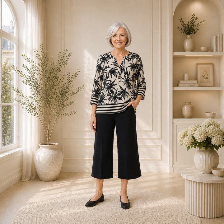 Haut Moffi noir et blanc à motif feuillage style C971