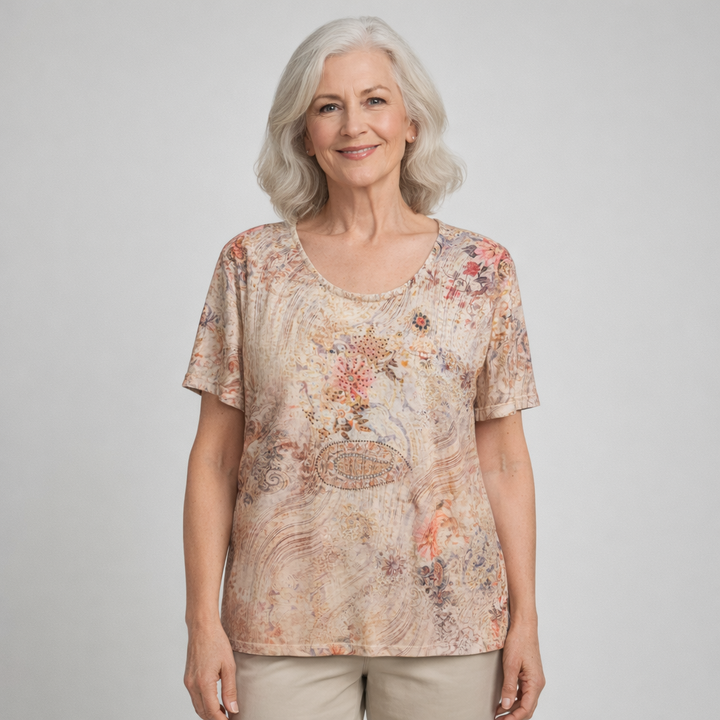 Blouse fluide imprimé floral et paisley – Tons doux beige et rosé – Beta's Choice