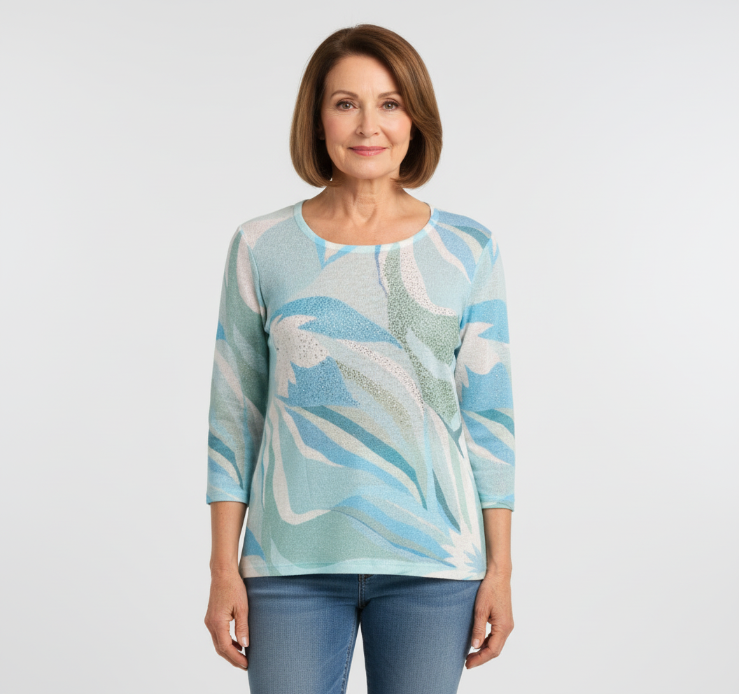 Chandail manches 3/4 motifs abstraits bleu et vert – Moffi – Multi (avant)