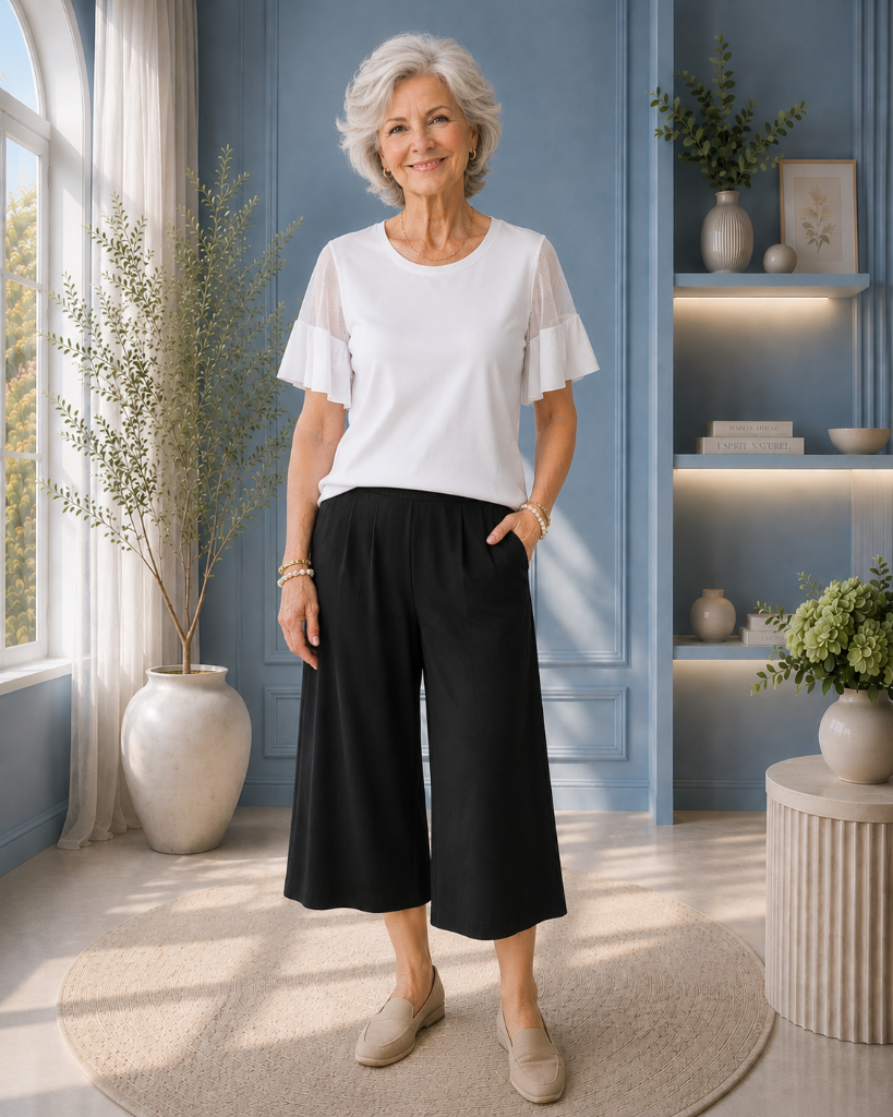 Pantalon large noir à taille élastique