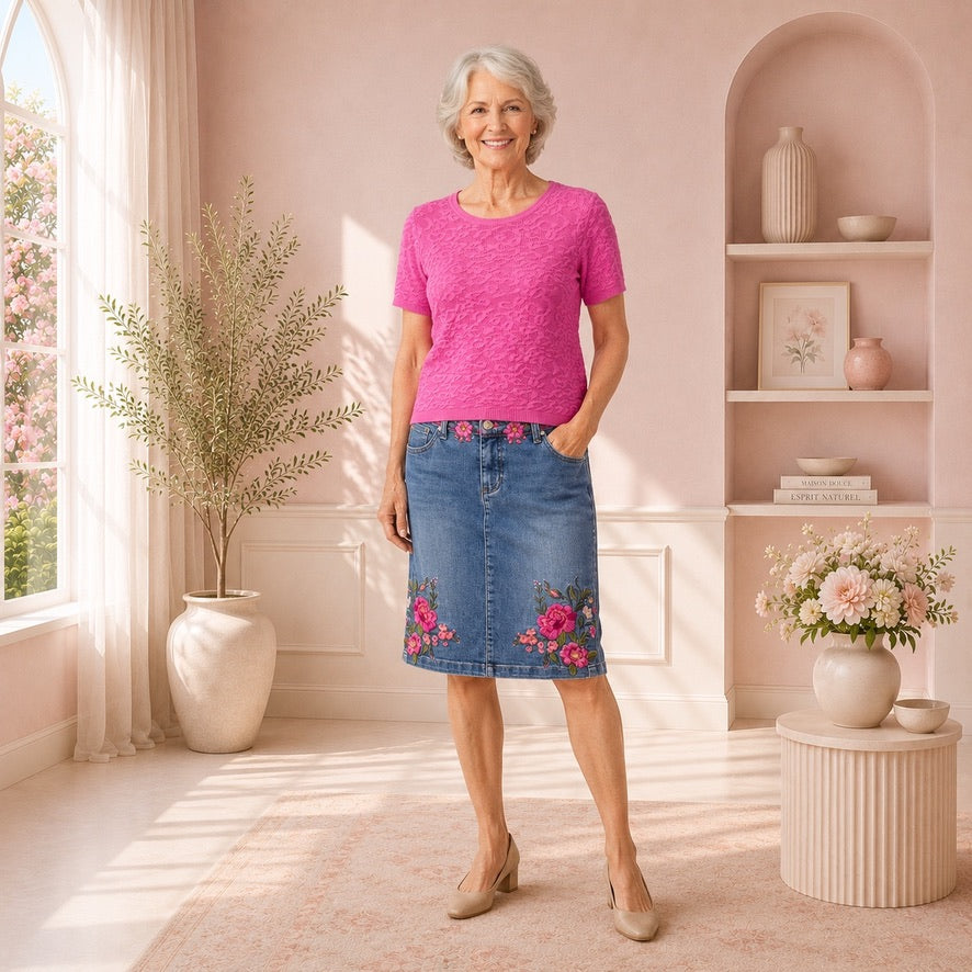 Jupe en jean avec broderies florales style #261108
