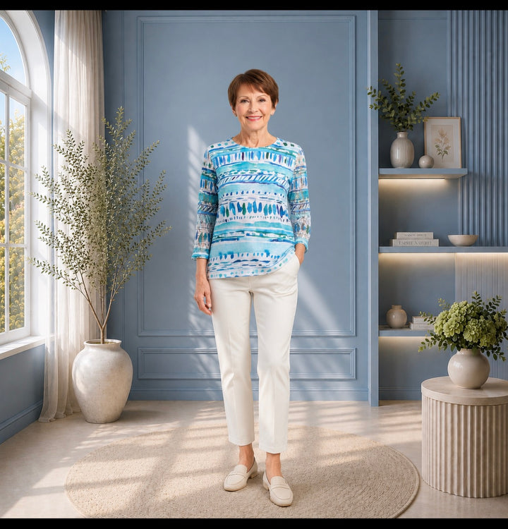 Chandail imprimé  dans les tons de turquoise manches 3/4 – Moffi
