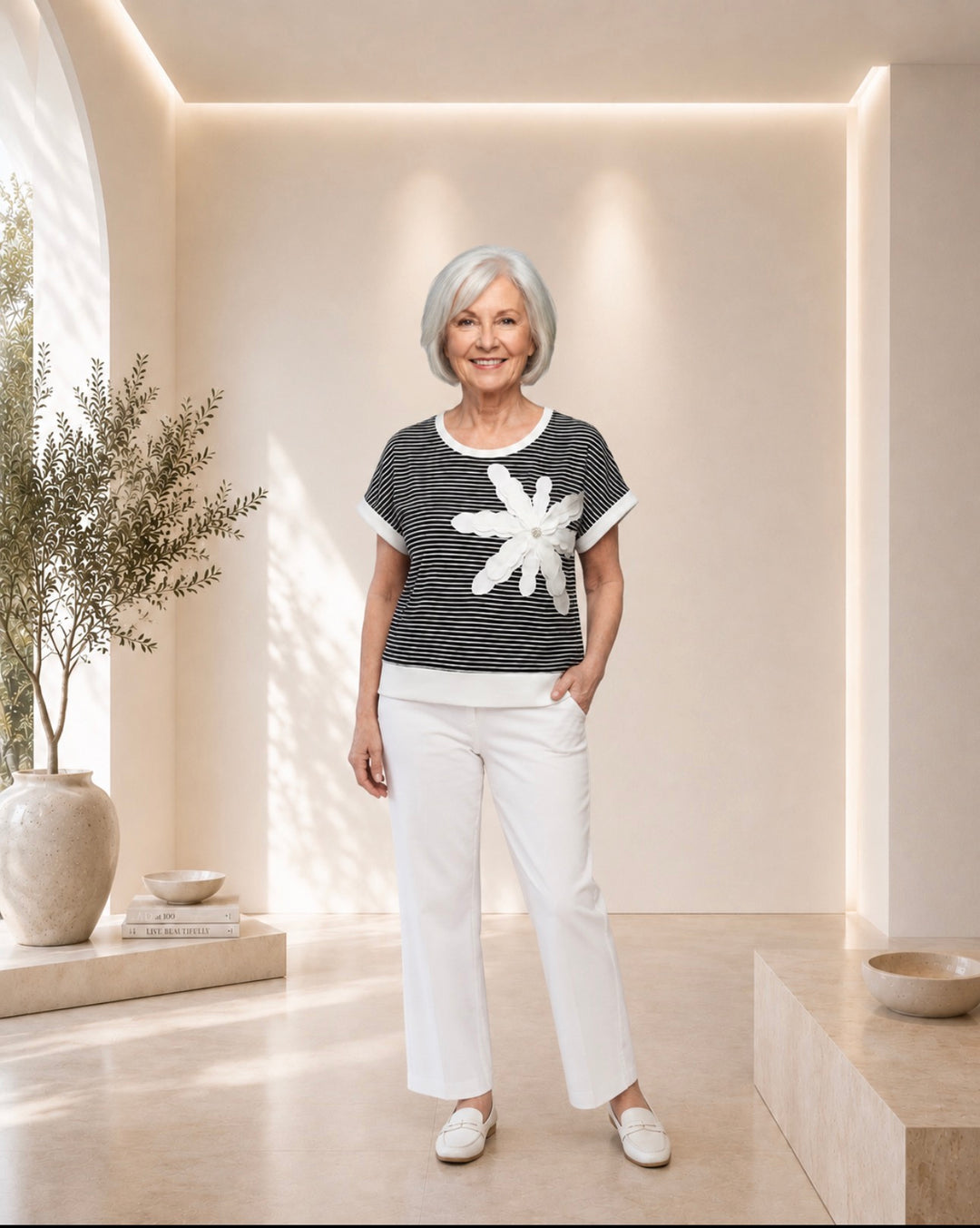 Haut signature ORLY rayé noir avec appliqué floral style numéro 261320