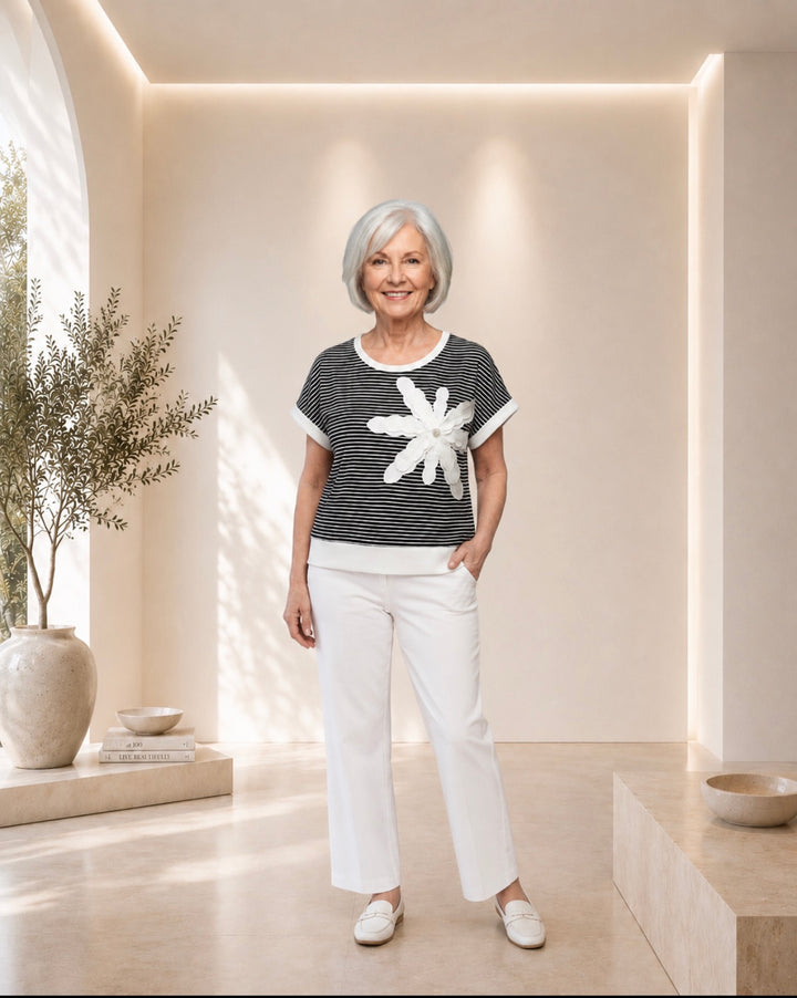 Haut signature ORLY rayé noir avec appliqué floral style numéro 261320