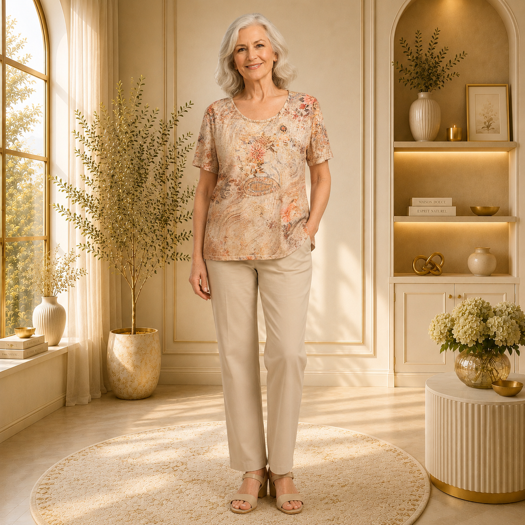 Blouse fluide imprimé floral et paisley – Tons doux beige et rosé – Beta's Choice