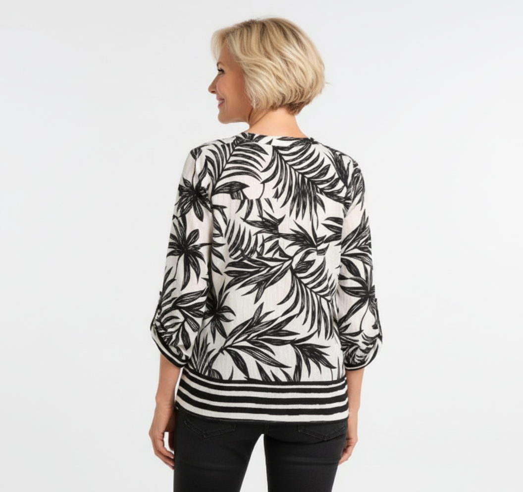 Haut Moffi noir et blanc à motif feuillage style C971