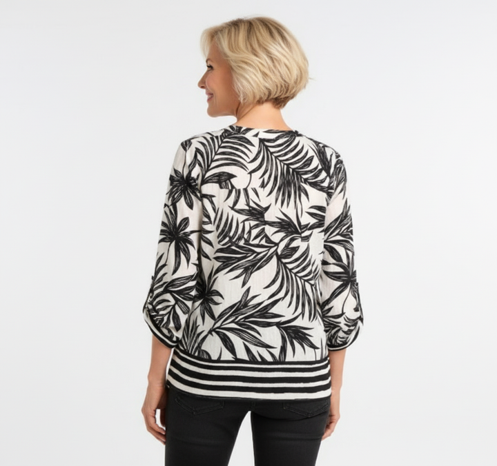 Haut Moffi noir et blanc à motif feuillage style C971