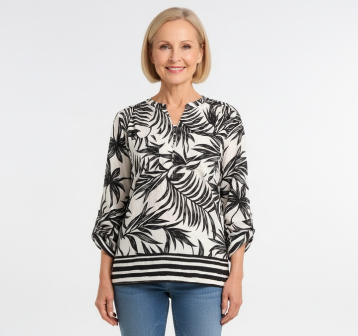 Haut Moffi noir et blanc à motif feuillage style C971