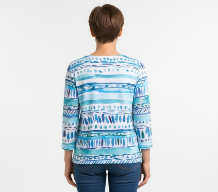 Chandail imprimé  dans les tons de turquoise manches 3/4 – Moffi